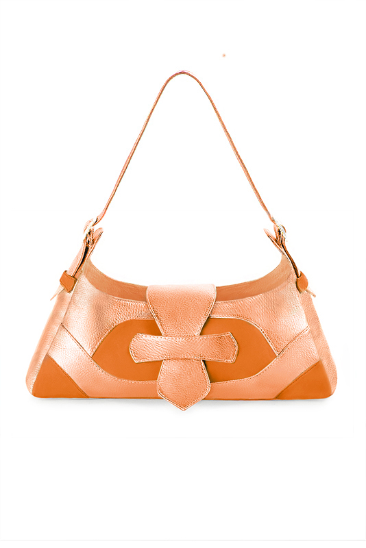 Apricot orange women's dress handbag, matching pumps and belts. Top view - Florence KOOIJMAN